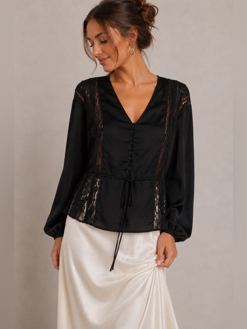 New York & Company Black Lace Top With Buttons and Tie Waist Size XL